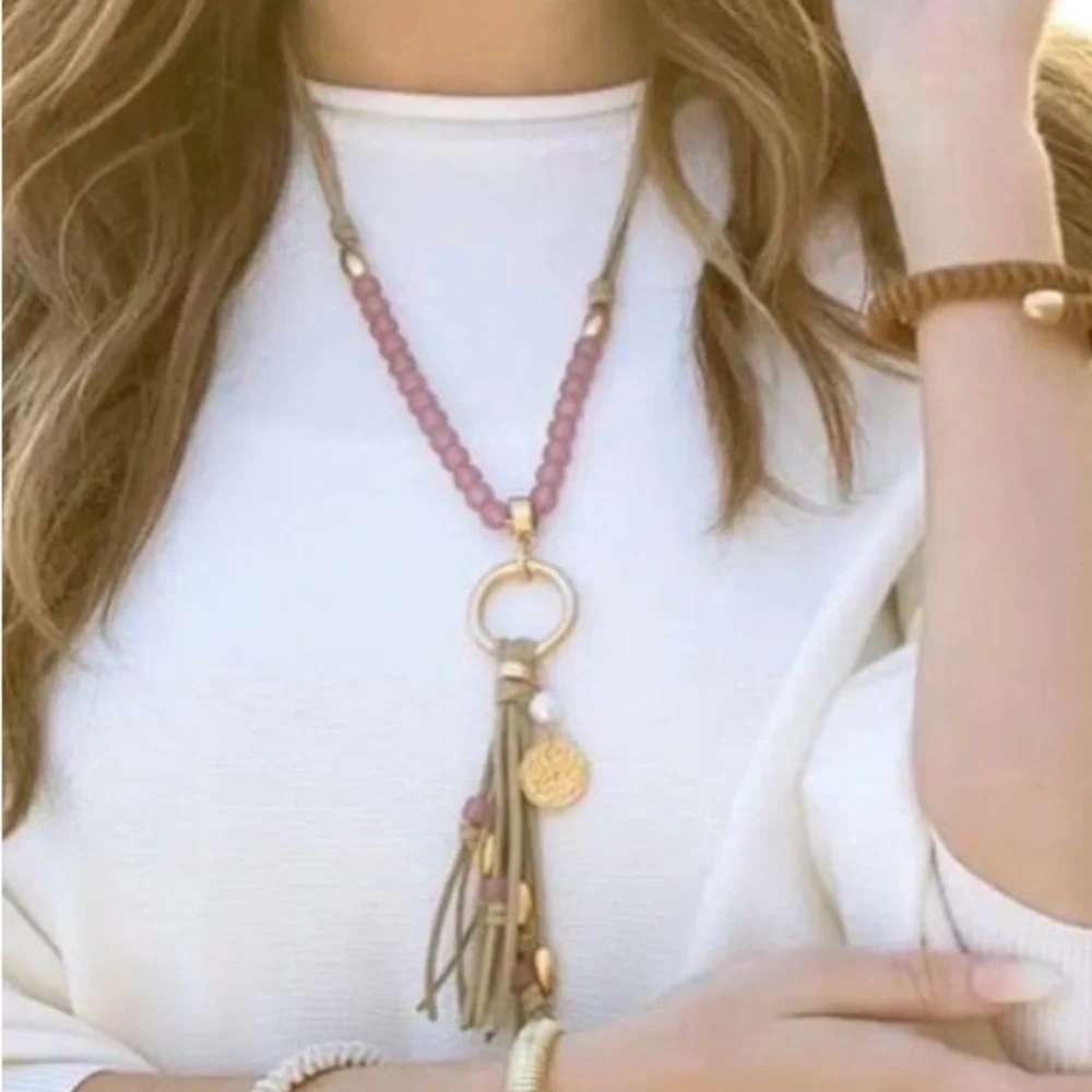 Plunder Design Jewelry Maia Tan Corded Pink Beaded Necklace NWOT - Picture 3 of 3